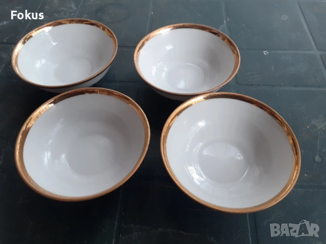 Дулево - съветски порцелан 4 купички за хайвер златен кант, снимка 3 - Антикварни и старинни предмети - 53279904
