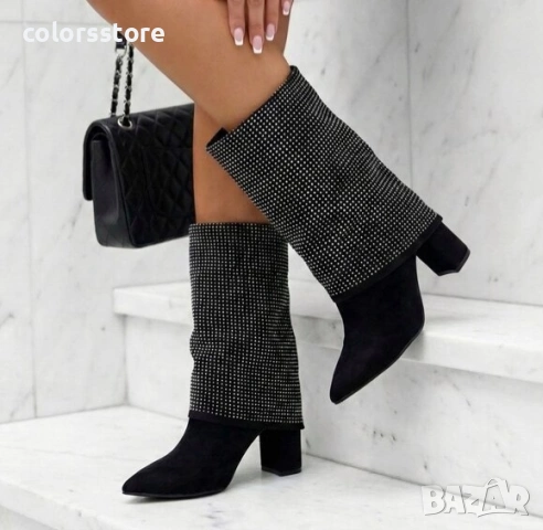 Боти на ток - черен велур с камъчета - BSL5

