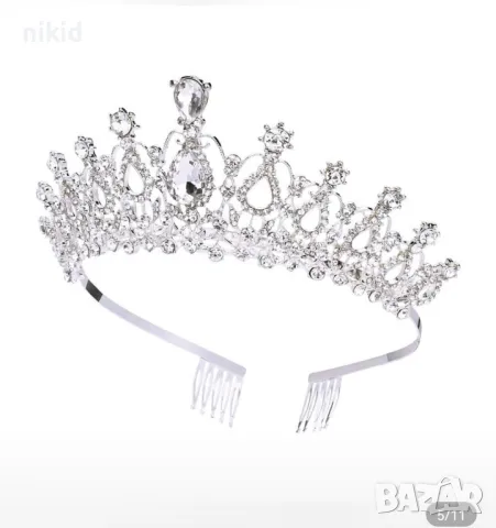 Сребриста сребърна метална корона диадема тиара с камъни детска дамска метална, снимка 6 - Аксесоари за коса - 50103834