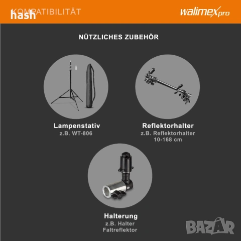 Walimex Pro Сгъваем фон 150x200 см,2 в 1 фотографски рефлектор за студио и външна фотография Черно/Б, снимка 8 - Чанти, стативи, аксесоари - 53579786