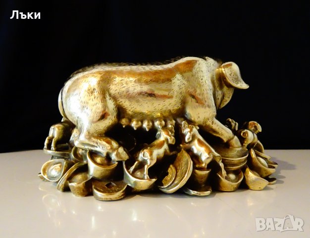 Бронзова статуетка Прасе с прасенца,злато,фън шуй 1.5 кг. , снимка 4 - Статуетки - 26225153
