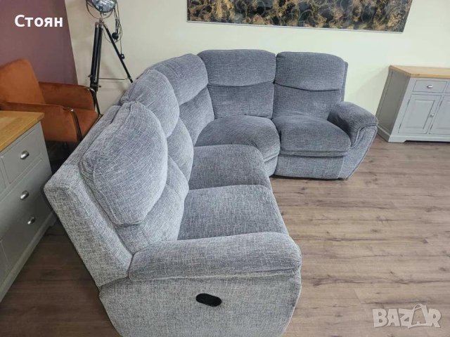 Сив ъглов диван от плат с ръчен релаксиращ механизъм, снимка 8 - Дивани и мека мебел - 43896533