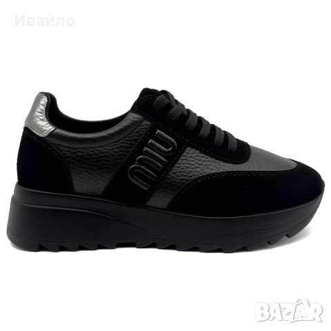 Дамски черни обувки от естествена кожа с платформа и метален акцент, снимка 5 - Дамски ежедневни обувки - 52368220