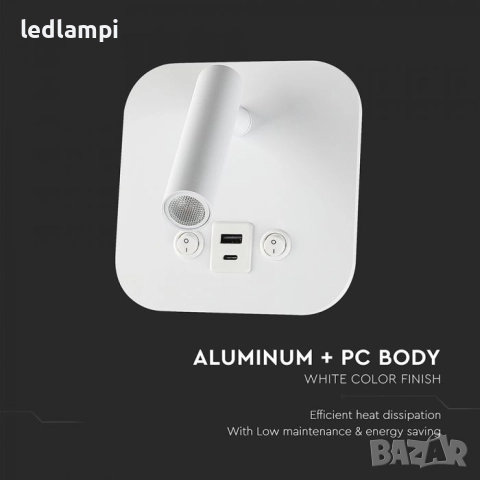 LED Аплик 8W С USB/PD Порт Бял Топло Бяла Светлина, снимка 7 - Лампи за стена - 51443627
