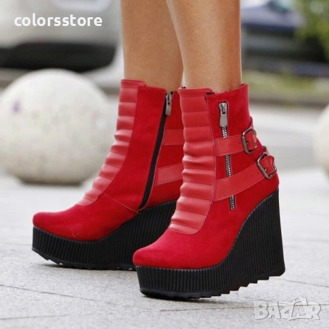 Боти на платформа - червен велур - B2001, снимка 2 - Дамски боти - 42366404