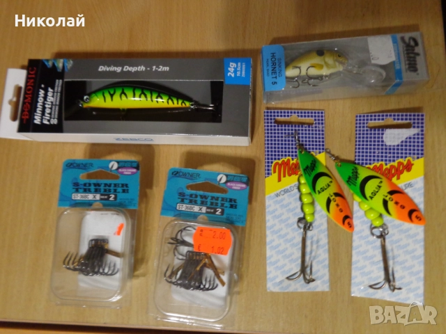 Тройни куки Owner,воблери(Salmo Hornet),блесни Мепс.