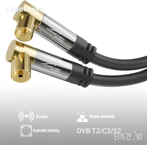 CableDirect – 2x 4K Коаксиален кабел, TV кабел 90° ъглови конектори – TV кабел с устойчиви на счупва