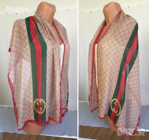 Нов Дамски Шал Gucci Прозрачен Лого Гучи Бежов Червен Зелен, снимка 7 - Шалове - 51826454
