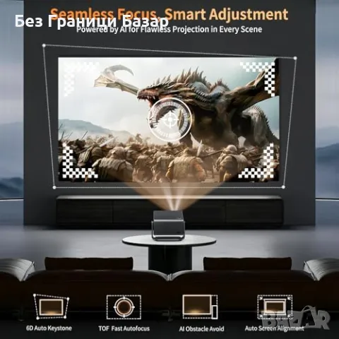 Нов Мощен 1080P 4K проектор INFGO, WiFi 6, 800 ANSI, Автоматична корекция, снимка 6 - Друга електроника - 49392938