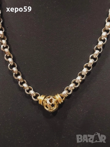 Прекрасна сребърна авторска дамска гривна и колие.Сребро проба 925,златни 9 каратови апликации, снимка 3 - Колиета, медальони, синджири - 52293101