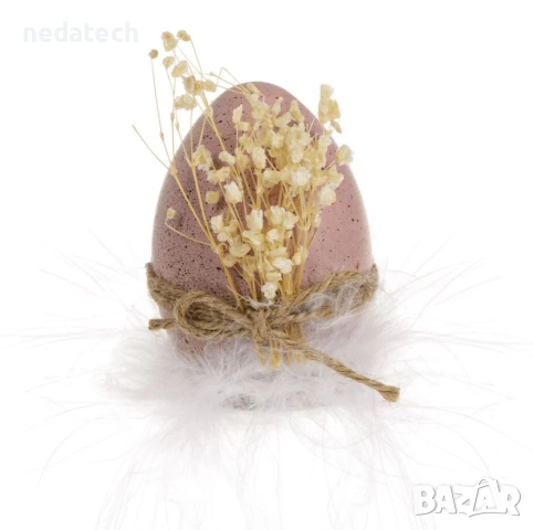 Великденско декоративно яйце, розово с точици, с дървена стойка и пера, 6×8см