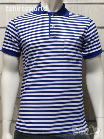 Нова мъжка моряшка блуза с яка, класическо синьо-бяло райе, снимка 2 - Тениски - 29029376