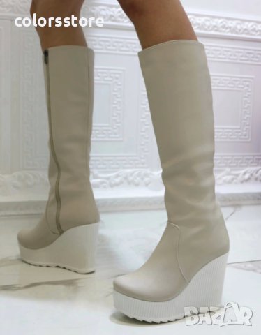 Ботуши на платформа - бежова кожа с бяло ходило - BNP200