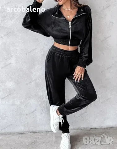 Дамски едноцветен спортен кадифен костюм с дълги ръкави за свободното време, 4цвята , снимка 11 - Комплекти - 47258135