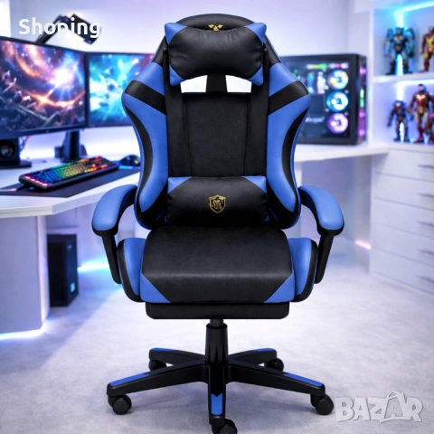 Ергономичен геймърски стол с масажна функция и поставка за крака – черно-син, снимка 2 - Столове - 53476181