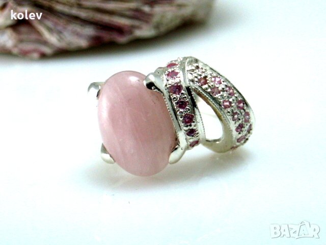 АВТОРСКИ Сребърен пръстен с РОЗОВ КВАРЦ и розови циркони/ размер 59-60, снимка 3 - Пръстени - 28507441