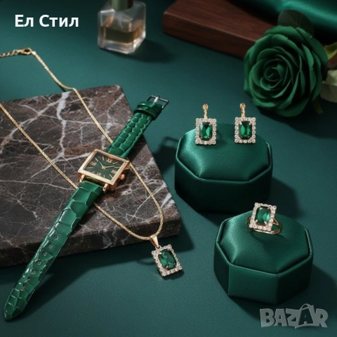 Елегантен комплект часовник и бижута с зелени кристали и златист корпус