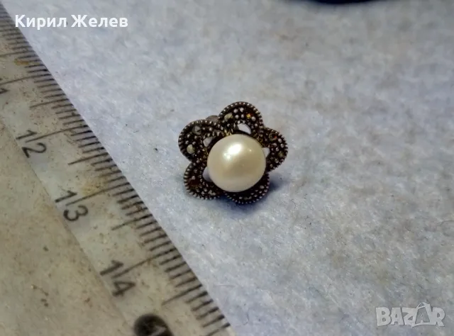 СКЪПОЦЕННА СРЕБЪРНА ПЕРЛЕНА ОБЕЦА СРЕБРО 925 с НАТУРАЛНА БЯЛА ПЕРЛА и ФАСЕТИРАНИ МАРКАЗИТИ 45514, снимка 3 - Обеци - 49757538