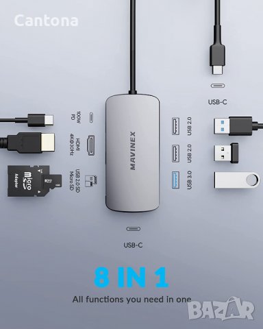 MAVINEX USB C хъб 8 в 1, 4K HDMI, USB C, USB 3.0, 2хUSB 2.0, SD/Micro SD четец на карти, 100 W USB , снимка 2 - Други - 37803847