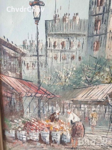 75х65см/голяма картина масло върху платно/градски пейзаж-пазар/дървена рамка, снимка 5 - Картини - 51176983