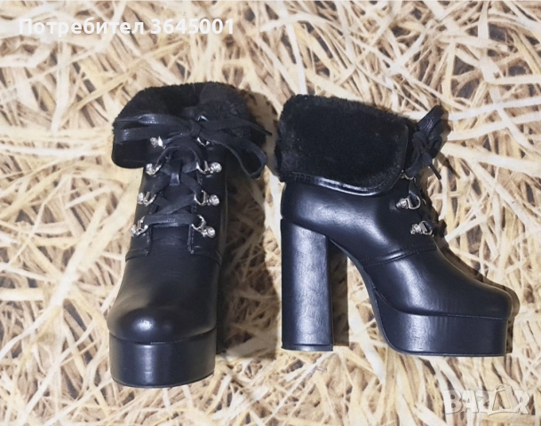 Черни дамски боти от изкуствена кожа с масивен ток и платформа. N36/ НОВИ 