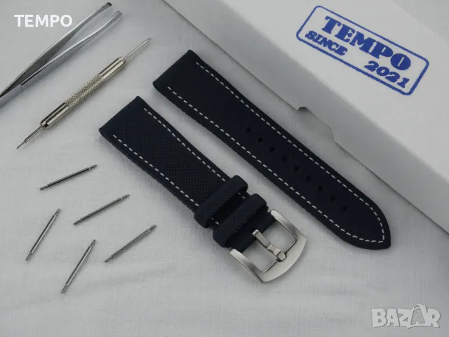 СИЛИКОНОВА КАИШКА СИНЯ С БЯЛ ШЕВ- 22мм + ПОДАРЪК, снимка 3 - Каишки за часовници - 48451475