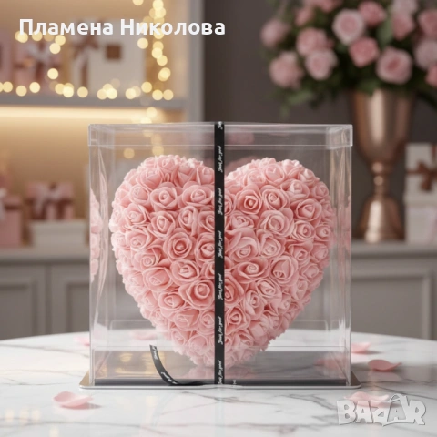 Декоративно сърце от изкуствени рози в подаръчна кутия, снимка 2 - Други - 53093497