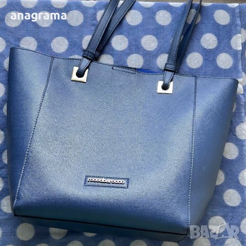 Прекрасен шал вълна и коприна син на точки и голяма синя чанта Roccobarocco , снимка 6 - Чанти - 43493271