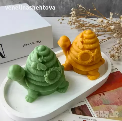 3D Костенурка с цвете и пчеличка Силиконов молд форма калъп за свещи гипс сапун 