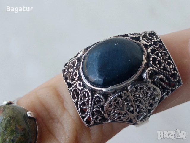 Пръстен с котешко око,сребро,филигран ажур, снимка 3 - Антикварни и старинни предмети - 52526340