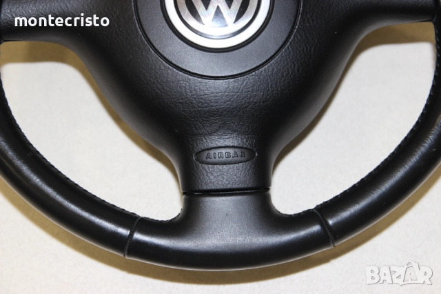 Трилъчев кожен волан VW Passat B5.5 (2000-2005г.) airbag волан, снимка 6 - Части - 52730616