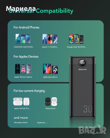 Charmast Power Bank 30000mAh, 20W Power Delivery QC 3.0 USB C Battery Pack Quick Charge Portable , снимка 5 - Външни батерии - 43382922
