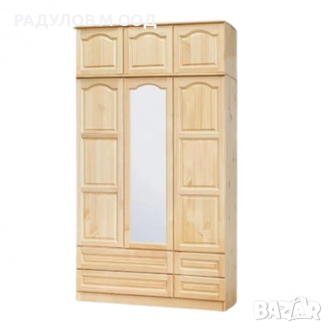 Трикрилен гардероб масив чам 135*220 см с надстройка и 4 чекмеджета / 33006, снимка 3 - Гардероби - 52008918