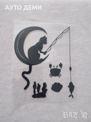 Висококачествен черен винилов стикер котка лови риба за кола автомобил дом, снимка 1 - Аксесоари и консумативи - 38101591