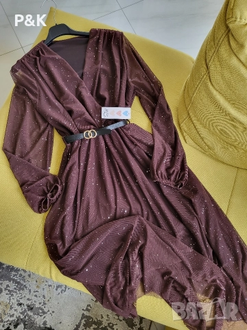 Рокля с брокат и коланче в шоколадово кафяво