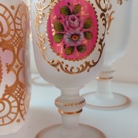 Мозер,Бохемия, рисуван  кристал -бутилка и 5 чаши, снимка 7 - Чаши - 43290181