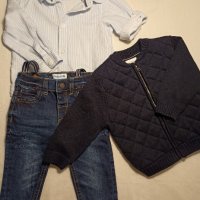 Модерен бебешки комплект дънки, риза и жилетка. Zara и Mayoral, от 12 мес.   , снимка 1 - Комплекти за бебе - 43799044