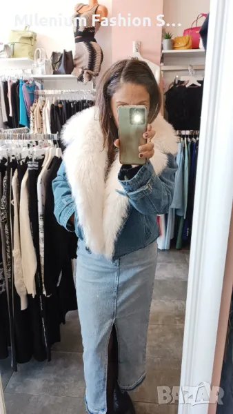 Дамско дънково яке с косъм, снимка 1