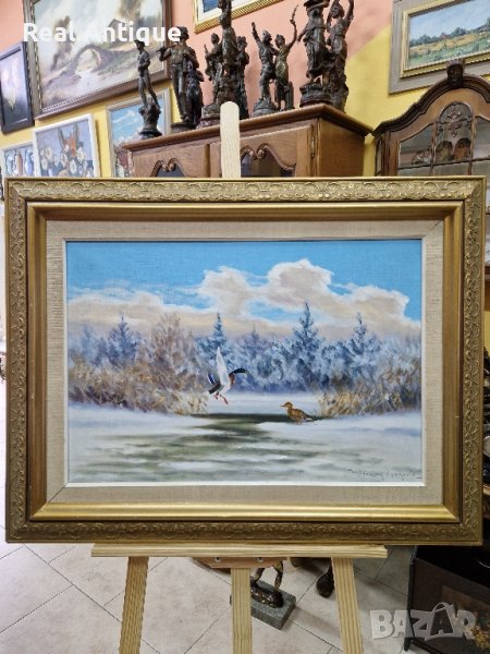 Много красива стара антикварна майсторска авторска картина масло върху платно , снимка 1