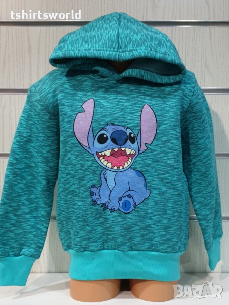 Нов детски суичър с дигитален печат Стич (Stitch) в цвят зелен меланж, снимка 1