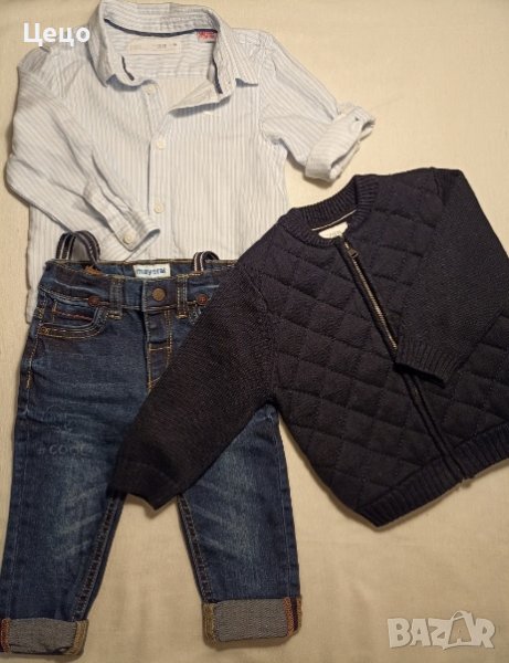 Модерен бебешки комплект дънки, риза и жилетка. Zara и Mayoral, от 12 мес.   , снимка 1