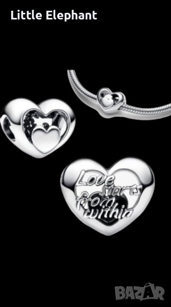 Сребърен елемент сърце Пандора"Love starts from within"/нов, снимка 1