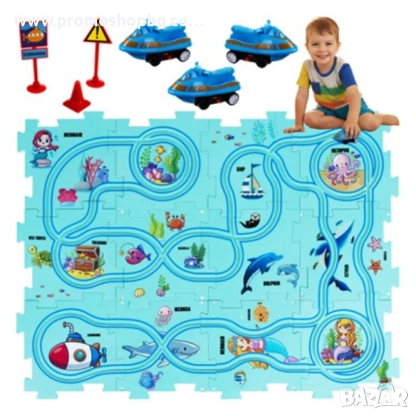 Килимче за игра тип пъзел с писта Kruzzel, включени 3 бр. коли, 25 части, снимка 1