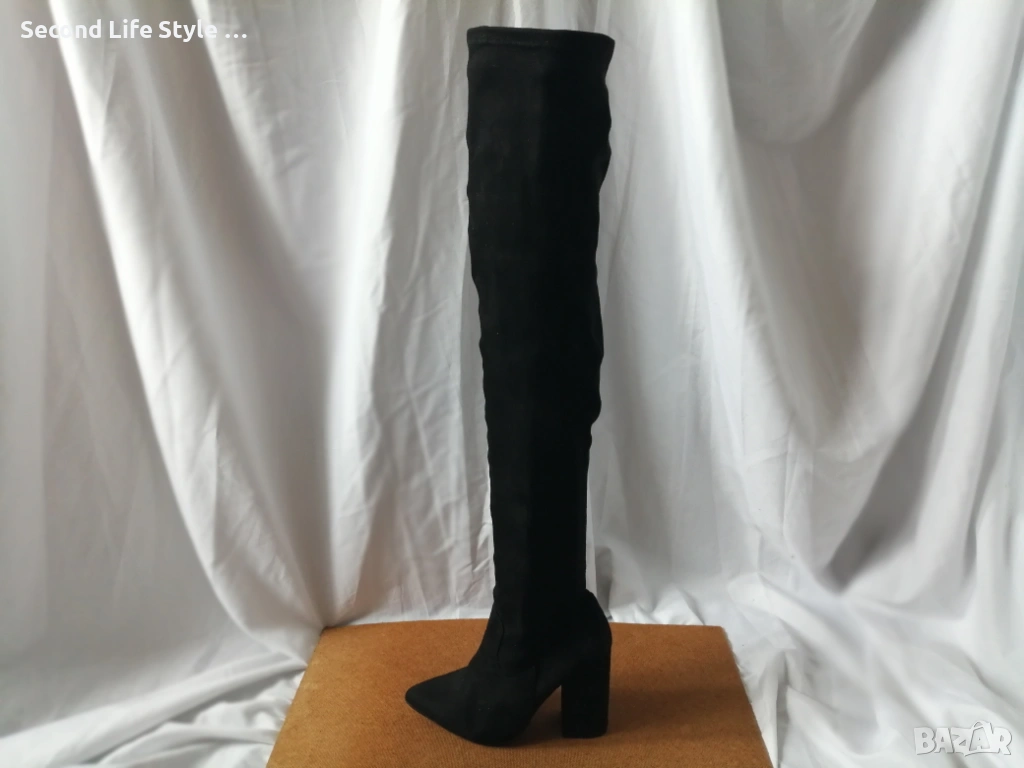 №36 Елегантни дамски ботуши над коляното; с ток; имитация на велур, снимка 1