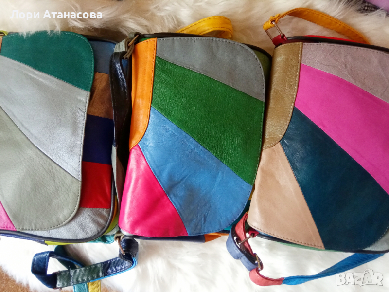 Многоцветна дамска чанта през рамо, от мека естествена кожа на парчета – светлосиньо, жълто, тъмнока, снимка 1