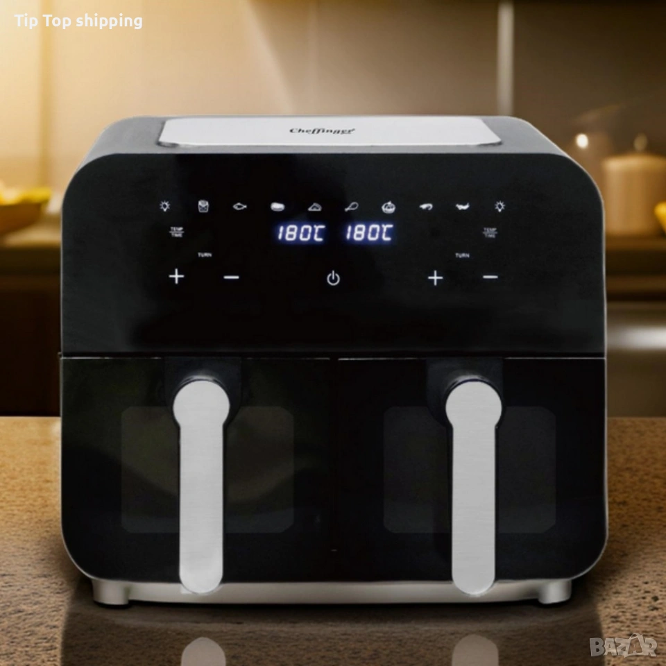 Двоен фритюрник с горещ въздух Cheffinger 9 л с дигитален дисплей, стъклен прозорец , снимка 1