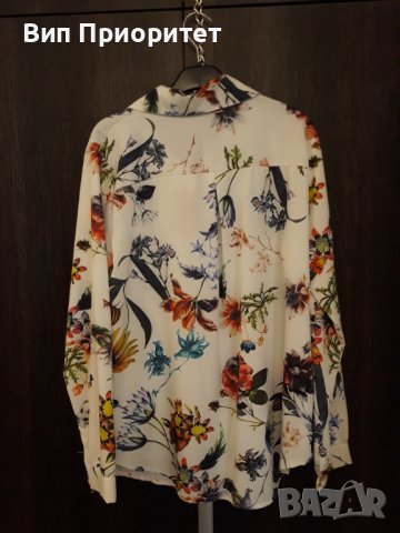 Бяла риза с пъстър принт, дълъг ръкав, официална, коприна, със закопчаване отпред, снимка 8 - Ризи - 37408068