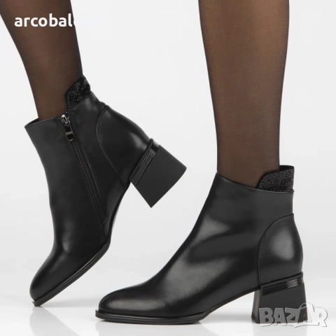Дамски черни боти до глезена от естествена кожа с циркони Jean, снимка 4 - Дамски боти - 52596066