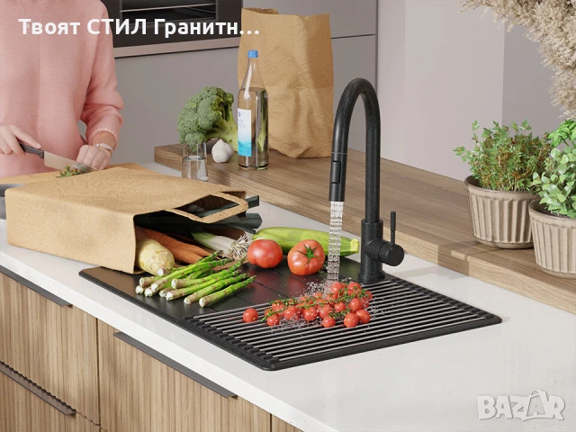 Графит кухненска мивка от гранит Копенхаген 40 Top 700х500, снимка 2 - Мивки - 50860915