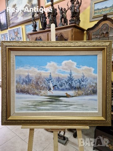 Много красива стара антикварна майсторска авторска картина масло върху платно , снимка 1